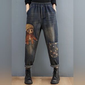 High Waist Embroidered Blue Cropped barrel leg Harem Jeans